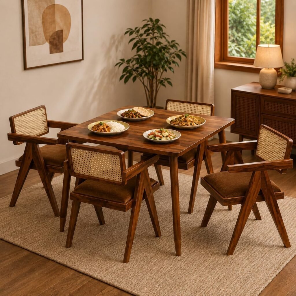 Dining Table Set with 4 Chairs, Natural Oak, Sheesham Wood, Modern Style, Cane Back Chairs with Cushions
